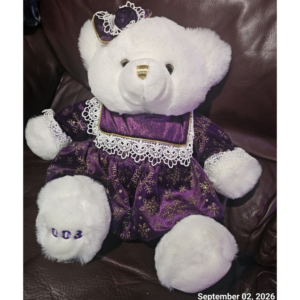 2003 DanDee White Plush Bear With Gold Sparkly Purple Velvet Dress